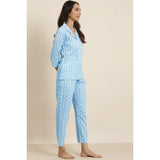 Blue rayon 3/4 sleeve floral printed women's casual shirt set with pyjama pants, floral night suit on hanger