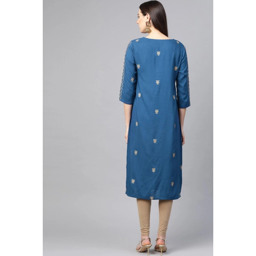 Blue floral printed rayon 3/4 sleeve kurti for women's casual wear, knee length with round neck