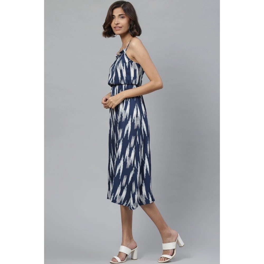 Blue rayon sleeveless women's casual dress with ikat print, midi length
