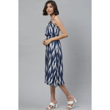 Blue rayon sleeveless women's casual dress with ikat print, midi length