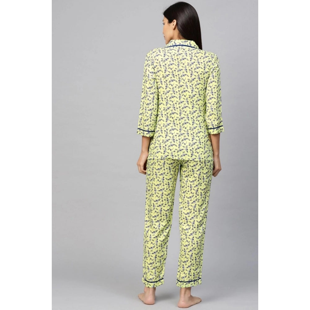 Green floral printed rayon night suit set with matching pyjama pant - women's casual 3/4 sleeve shirt