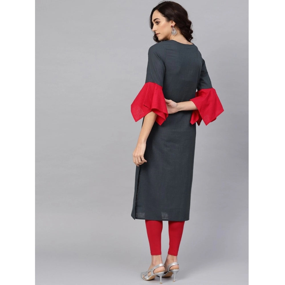 Grey cotton slub kurti with mirror work bell sleeves for women's casual wear