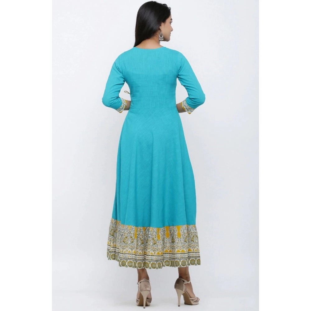 Torque Green embroidered cotton blend women's casual calf length V-neck 3/4 sleeve kurti