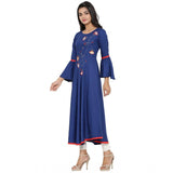 Blue rayon kurti with embroidery, calf length bell sleeves on mannequin