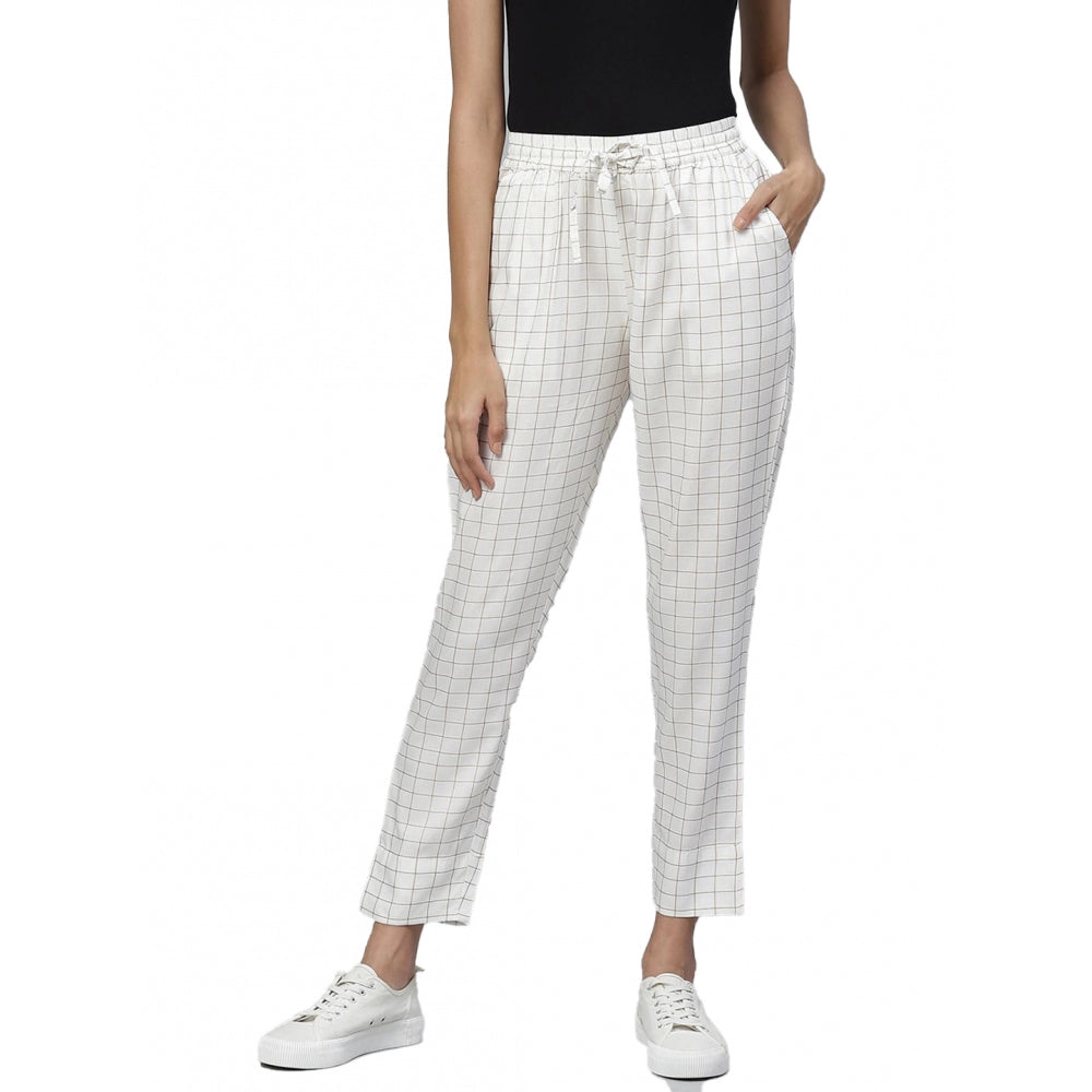 White checked rayon women's casual trouser pant, ankle length