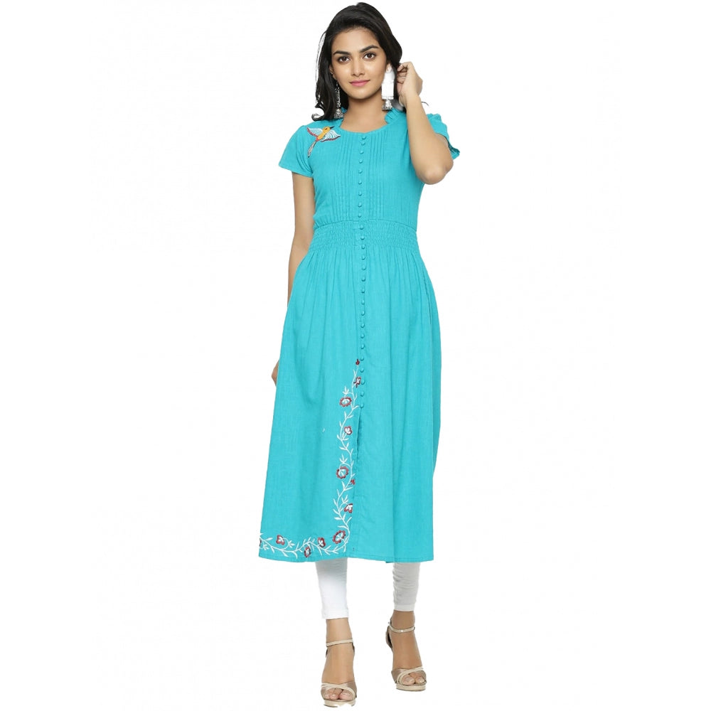 Torque Green cotton slub embroidery kurti with short sleeves, calf length, mandarin collar on display