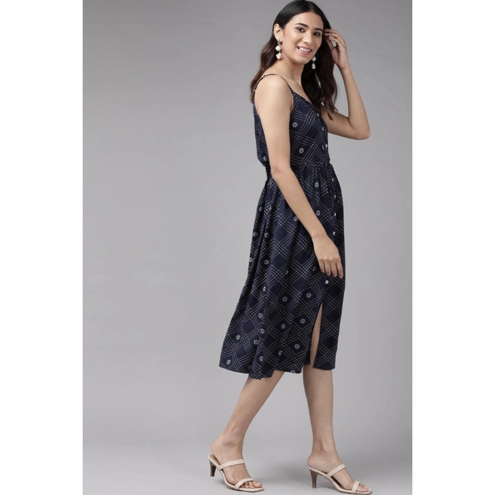 Woman in blue striped rayon dress