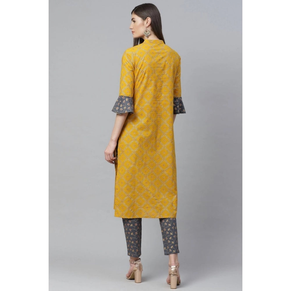Yellow cotton kurti set with geometric print, knee-length bell sleeves, mandarin collar