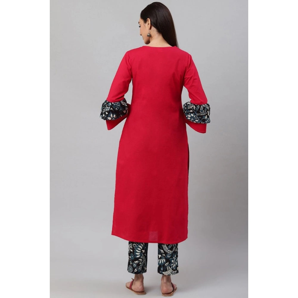 Rani Pink cotton kurti set with floral print & bell sleeves, knee-length, keyhole neck