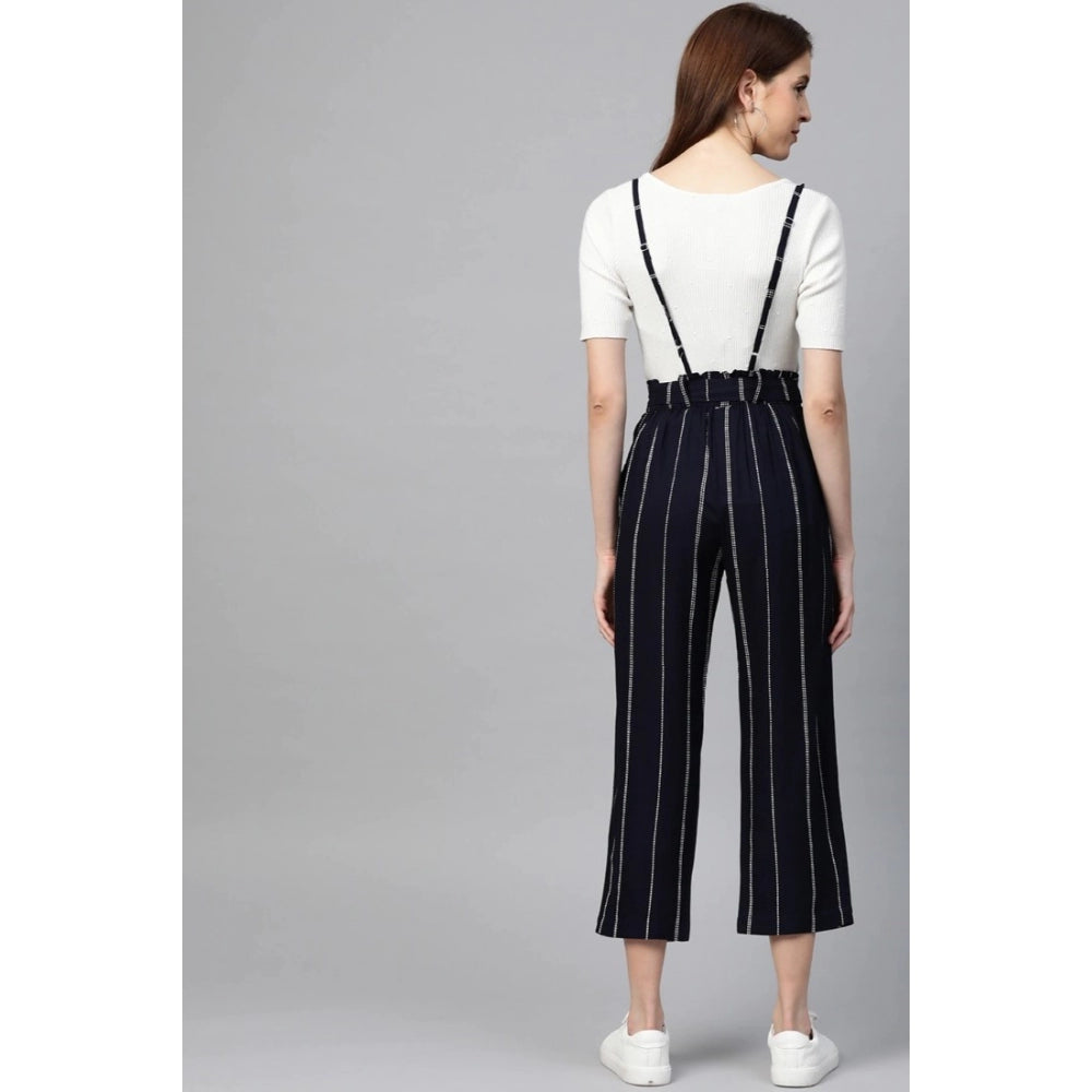 Blue striped rayon women's casual dungaree with scoop neck and short sleeves