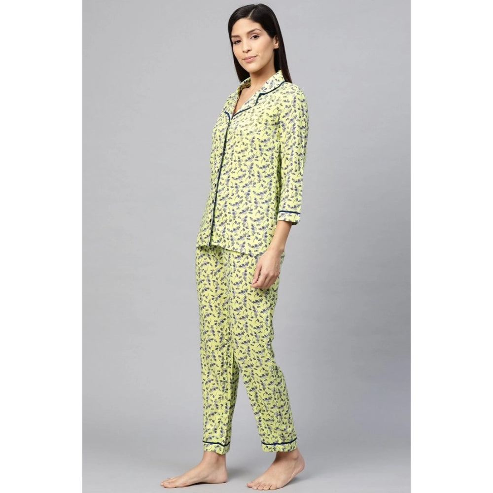 Green floral printed rayon women's night suit set with casual 3/4 sleeve shirt and matching pyjama pant