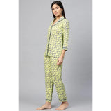 Green floral printed rayon women's night suit set with casual 3/4 sleeve shirt and matching pyjama pant