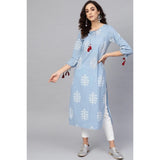 Blue embroidered cambric cotton calf-length kurti, women's casual 3/4 sleeve top