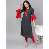 Grey cotton slub kurti with mirror work bell sleeves for women's casual wear