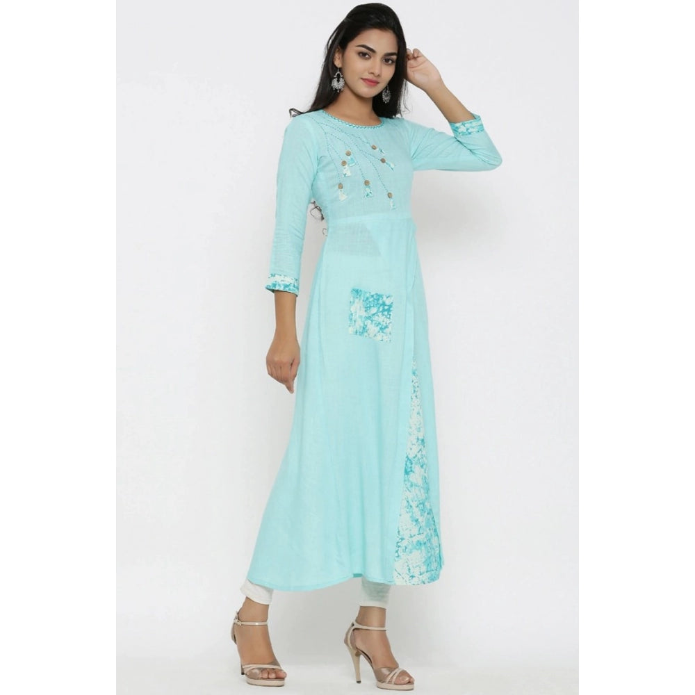 Sky Blue embroidered rayon kurti for women's casual below-knee 3/4 sleeve attire