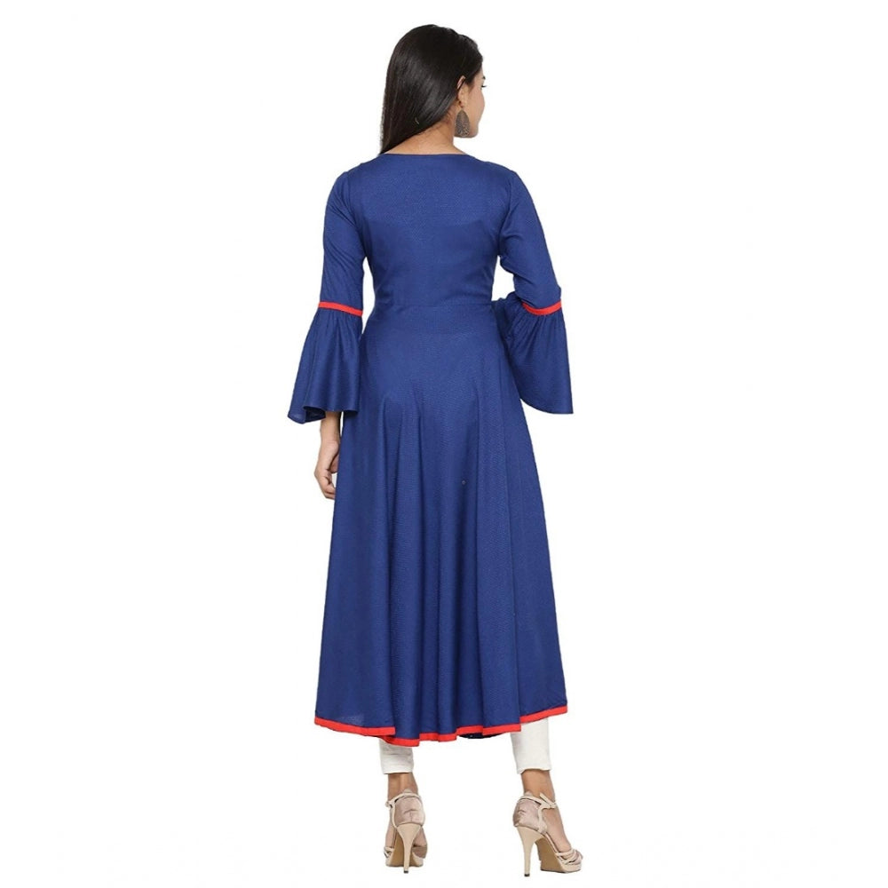 Blue rayon kurti with embroidery, bell sleeves and calf length for women's casual wear