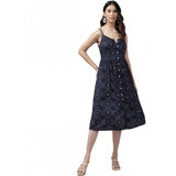 Blue rayon sleeveless dress with striped print