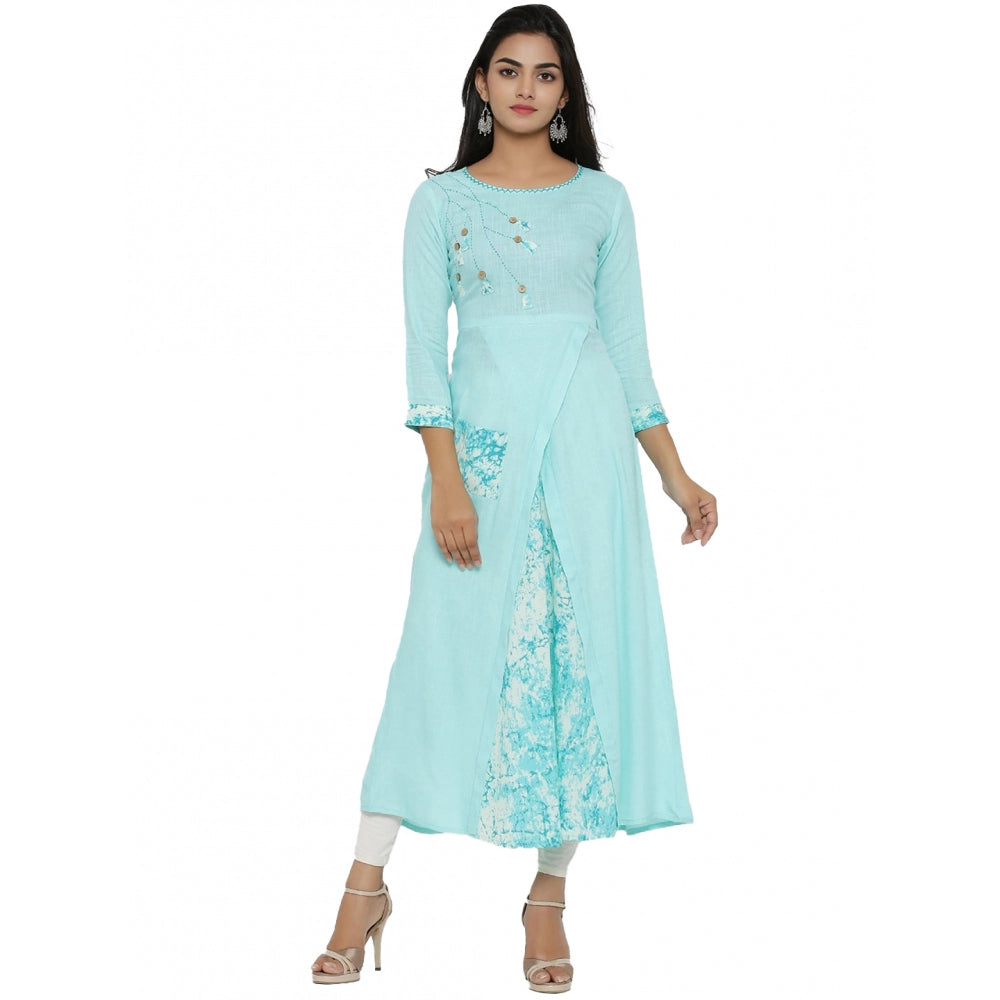 Sky Blue embroidered rayon kurti with round neck and 3/4 sleeve, below knee length for women's casual wear