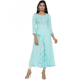Sky Blue embroidered rayon kurti with round neck and 3/4 sleeve, below knee length for women's casual wear