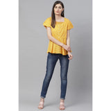 Mustard stripe print rayon women's casual short sleeve top on mannequin