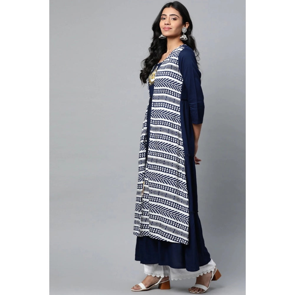 Navy Blue Geometric Rayon Floral Length Kurti, casual women's 3/4 sleeve round neck style