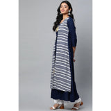 Navy Blue Geometric Rayon Floral Length Kurti, casual women's 3/4 sleeve round neck style