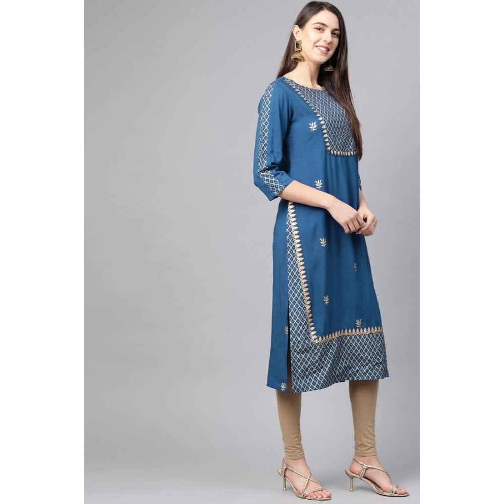 Blue rayon floral printed 3/4 sleeve kurti - casual women's fashion for everyday wear