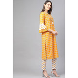 Mustard floral printed cotton women's casual 3/4 sleeve knee-length kurti set