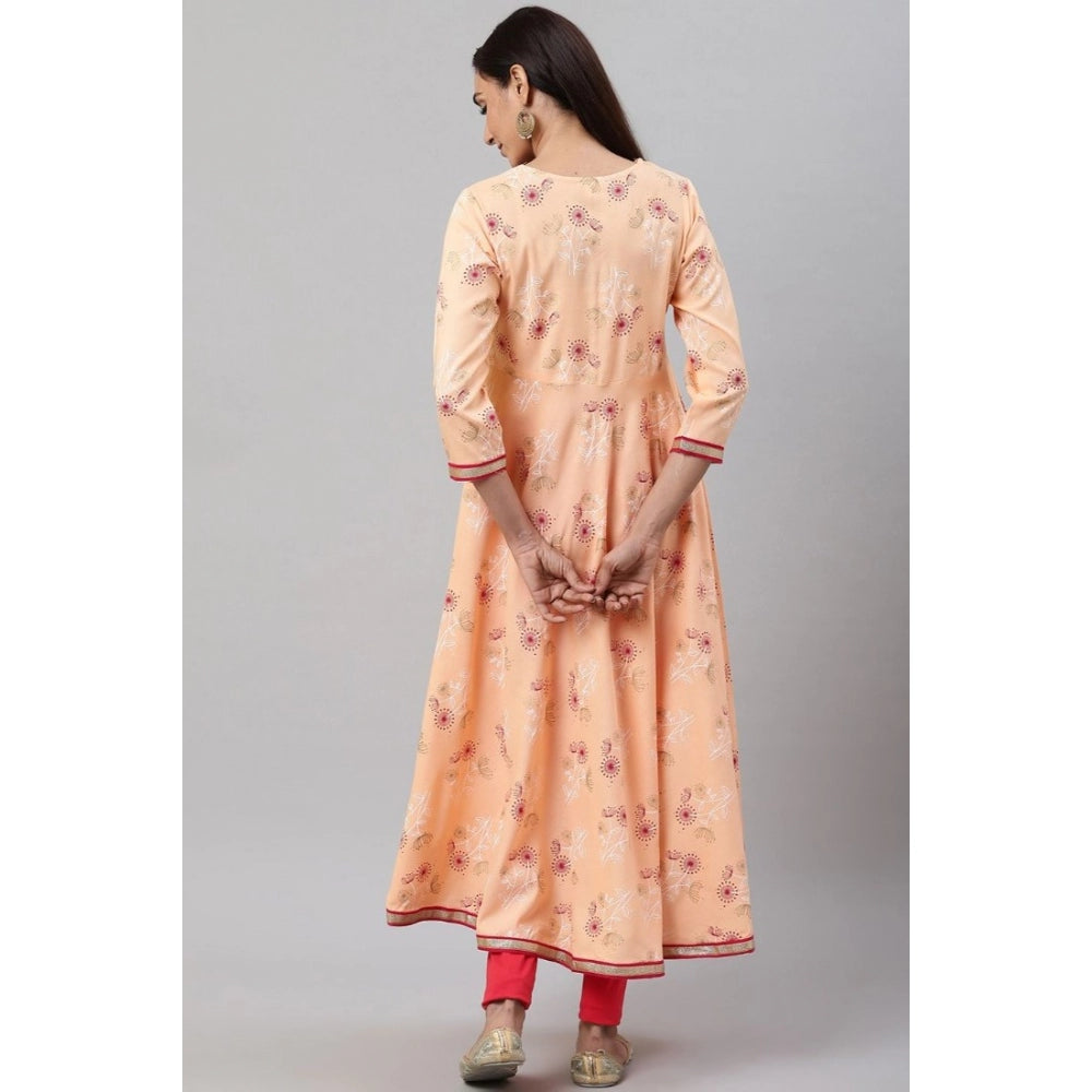 Peach floral printed rayon kurti with v-neck and 3/4th sleeve length - women's casual knee-length top