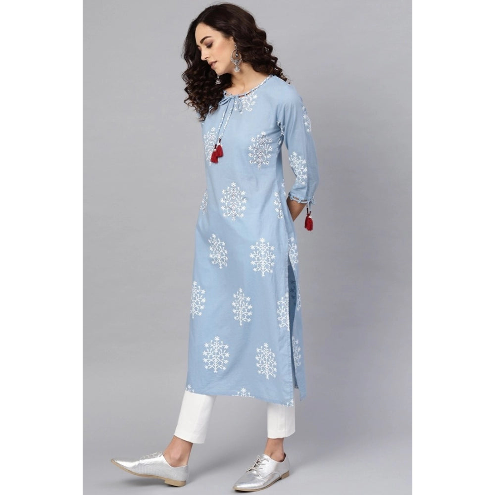 Blue embroidered cambric cotton kurti with 3/4 sleeves, calf length, round neck