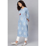 Blue embroidered cambric cotton kurti with 3/4 sleeves, calf length, round neck