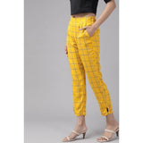 Yellow rayon checked trouser pant for casual women's wear, ankle length style