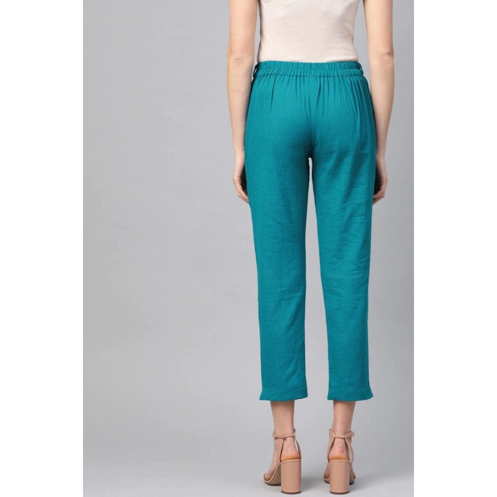 Rama Blue cotton slub trouser pant for women's casual wear, ankle length style