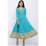 Torque Green embroidered cotton blend women's casual calf-length kurti with V-neck and 3/4th sleeves