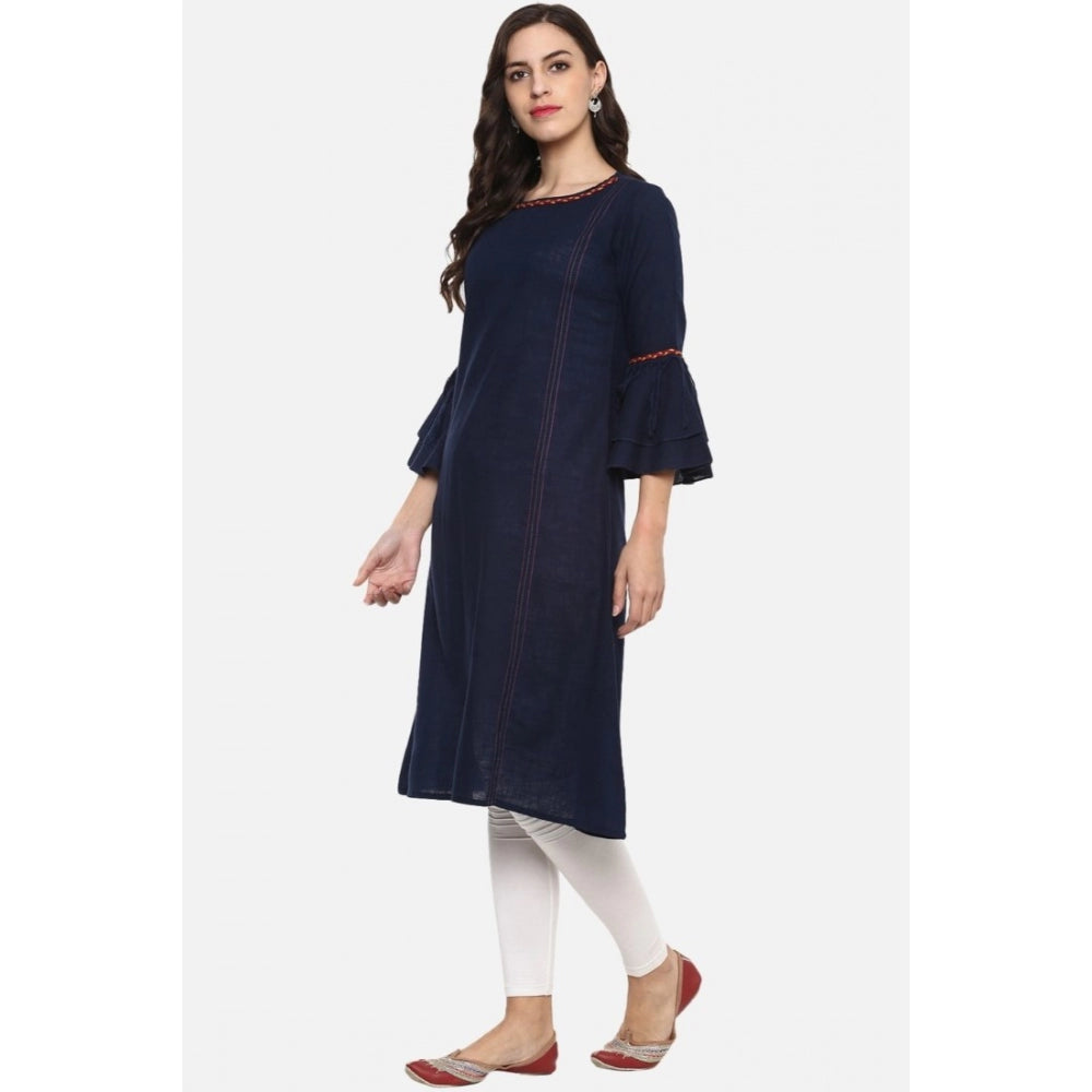 Blue cotton slub kurti with bell sleeves, solid design for women's casual wear