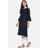 Blue cotton slub kurti with bell sleeves, solid design for women's casual wear