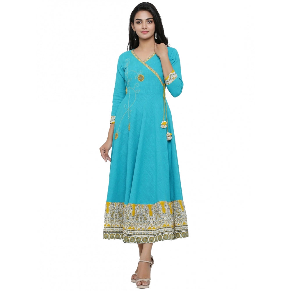 Torque Green embroidered cotton blend women's casual calf-length kurti with v-neck and 3/4 sleeves