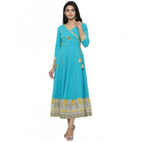 Torque Green embroidered cotton blend women's casual calf-length kurti with v-neck and 3/4 sleeves