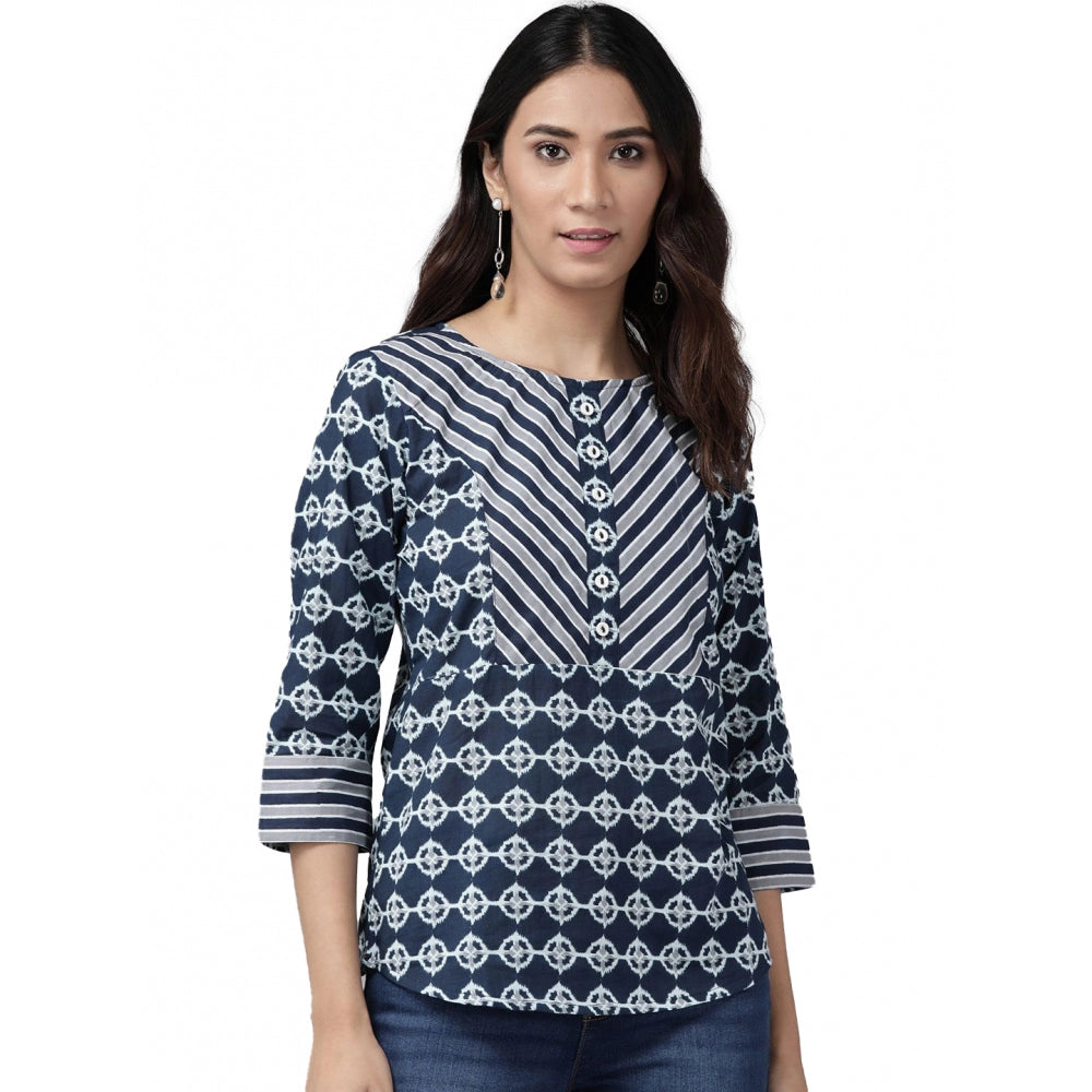 Blue floral printed cotton 3/4 sleeve casual top for women