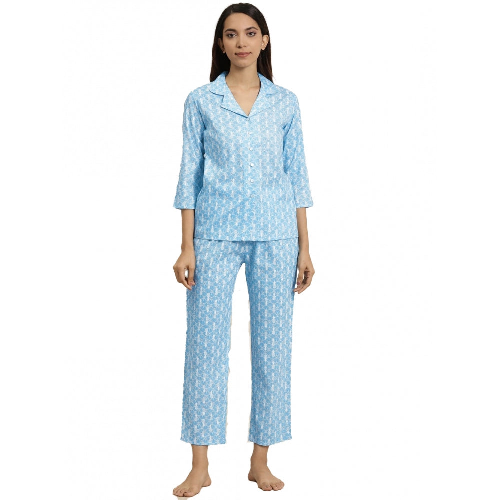 Blue Rayon Women's 3/4 Sleeve Floral Printed Shirt & Pyjama Pant Night Suit Set