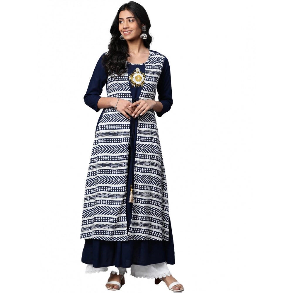 Navy Blue Geometric Rayon Floral-Length Kurti with Round Neck & 3/4th Sleeves for women