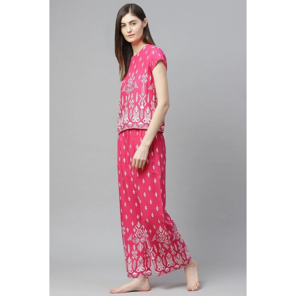 Pink rayon printed pajama set for women, casual short-sleeve nightwear with round neckline