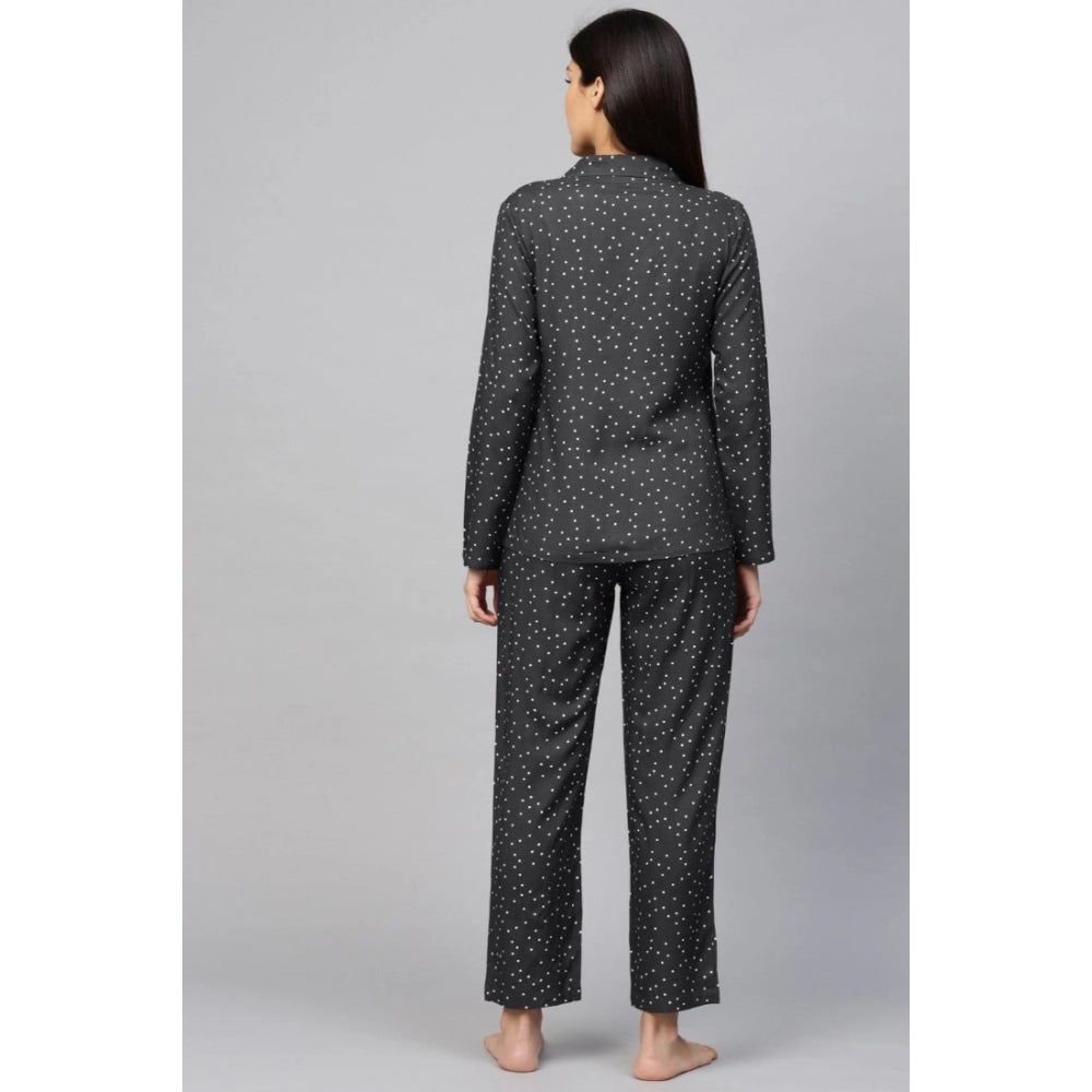 Grey Rayon Polka Dot Printed Night Suit Set - Women's casual full sleeve shirt with pyjama pant