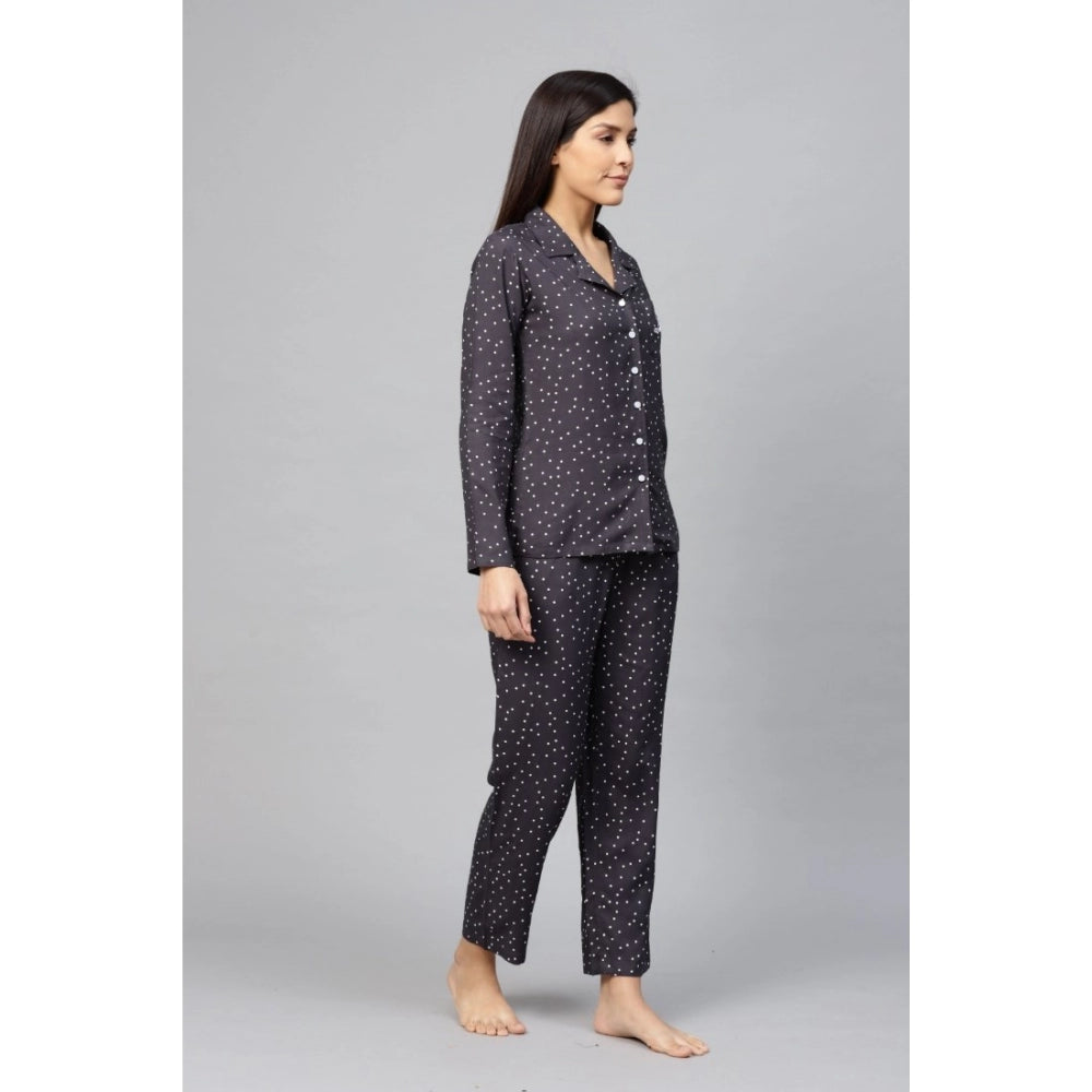 Grey Rayon Polka Dot Printed Women's Casual Shirt & Pyjama Pant Night Suit Set