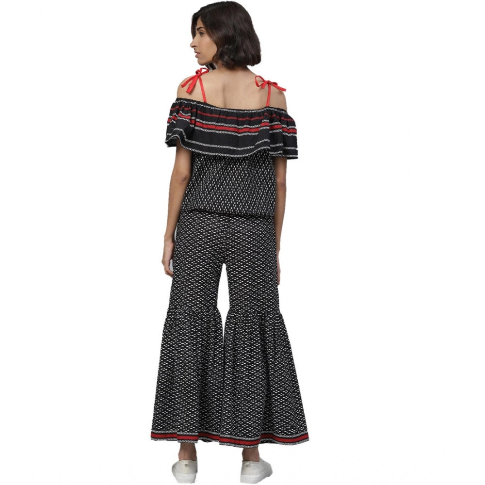 Women's casual dress with black geometric print and off-shoulder sleeves