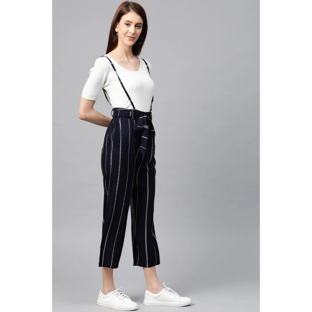 Blue striped rayon dungaree for women's casual wear - scoop neck, short sleeves