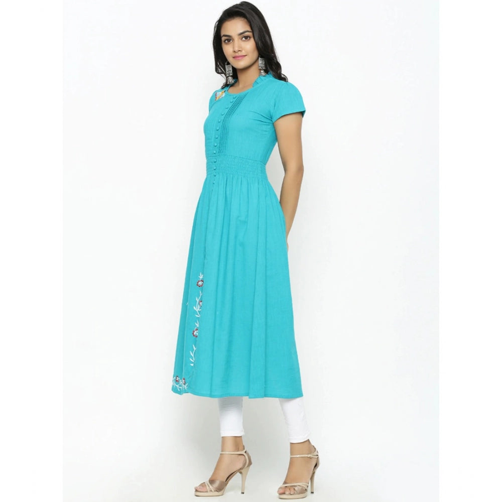 Torque Green embroidered cotton slub kurti for women, casual calf length with short sleeves and mandarin collar