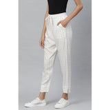 White rayon checked trouser pant for casual wear, ankle length style on model