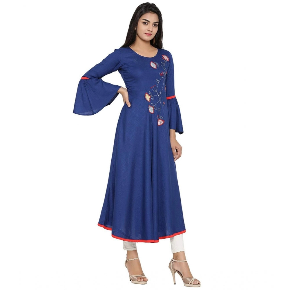 Blue rayon kurti with embroidery bell sleeves, casual women's calf-length round neck fashion