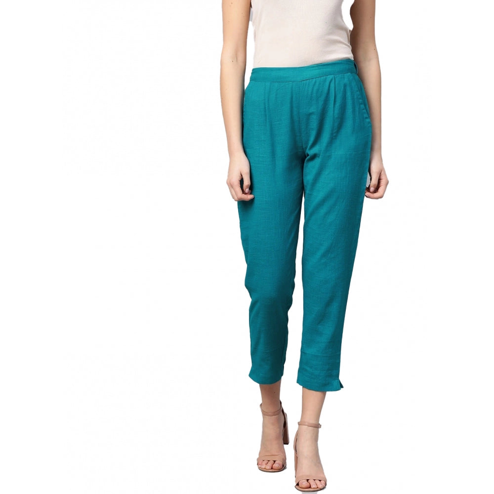 Rama Blue cotton slub trouser pant for women, casual ankle-length solid design